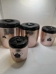 Vtg West Bend Cooper Colored Aluminum Kitchen Canisters Black Lids Circa 1950. Fixed Price $39.23.